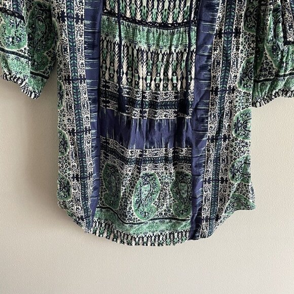 Lucky Brand Wmn SZ XS Blue/Green/White Boho Tunic Style Tie Neckline Short Dress - Picture 2 of 11